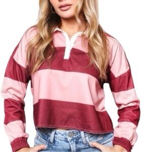 NWOT DEREK HEART CROPPED POLO Striped  Shirt - Pink and Burgundy